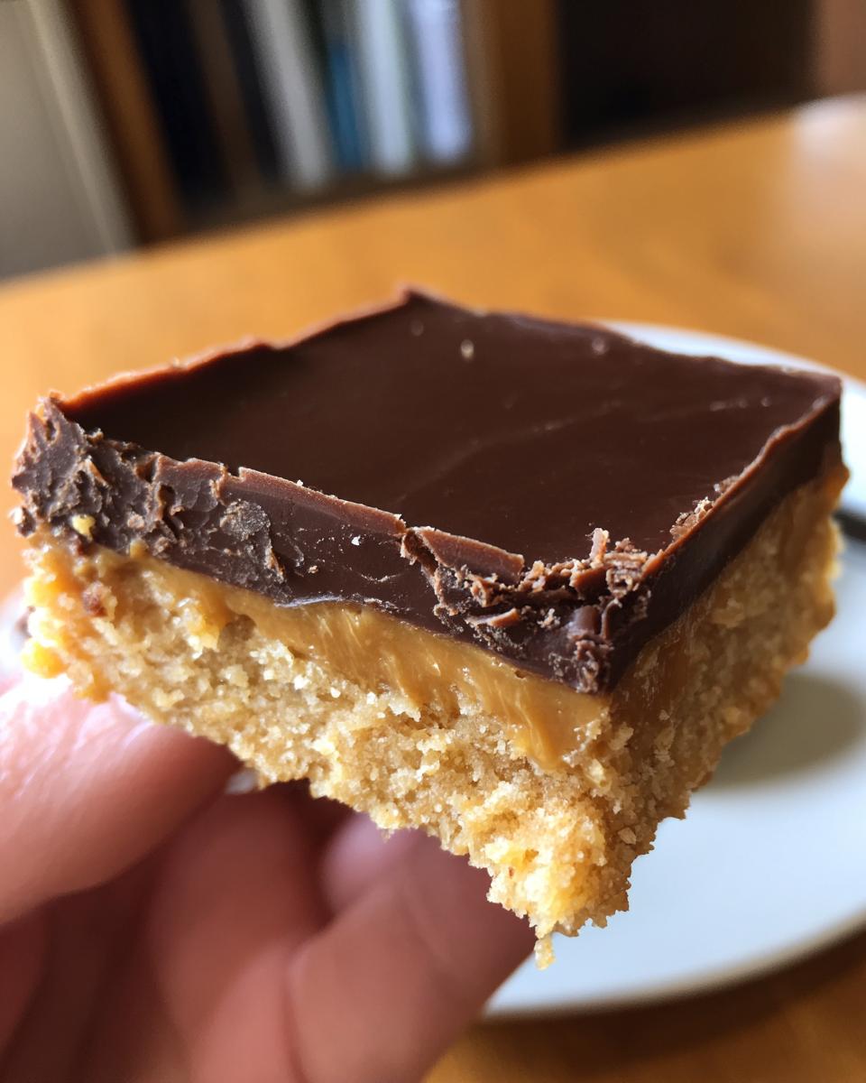 A close-up of a single square of lunch lady peanut butter bars showing the crumbly base, caramel layer, and chocolate top.