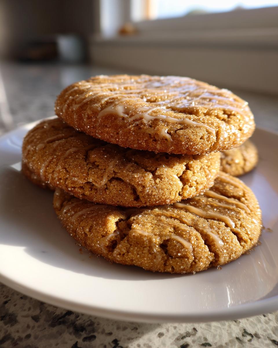 A stack of three soft maple brown sugar cookies, coated in sugar and drizzled with light icing.