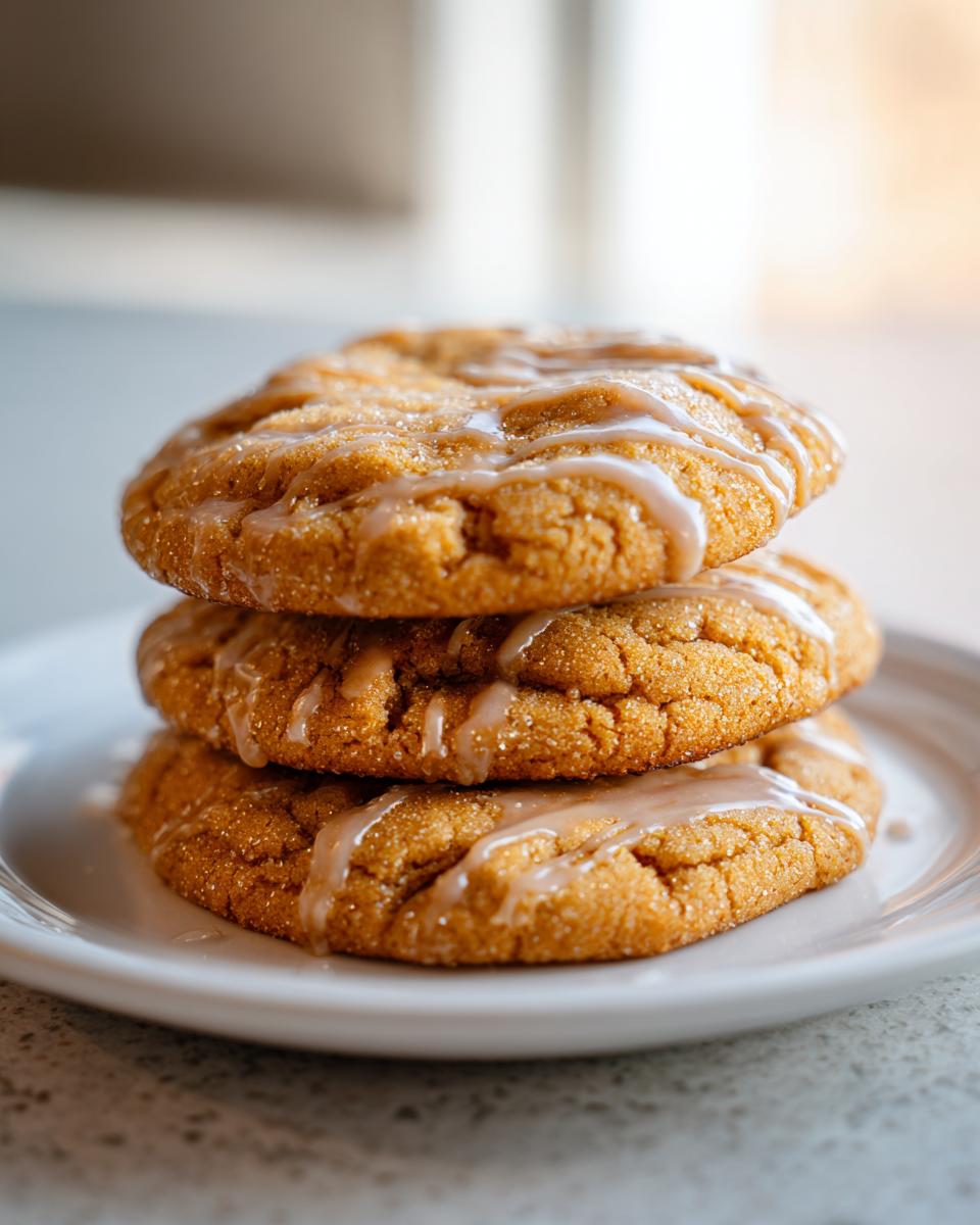 Three delicious maple brown sugar cookies stacked on a white plate, drizzled with a light glaze.