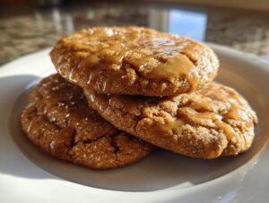 Three stacked maple brown sugar cookies, coated in sparkling sugar and drizzled with a thick caramel glaze.