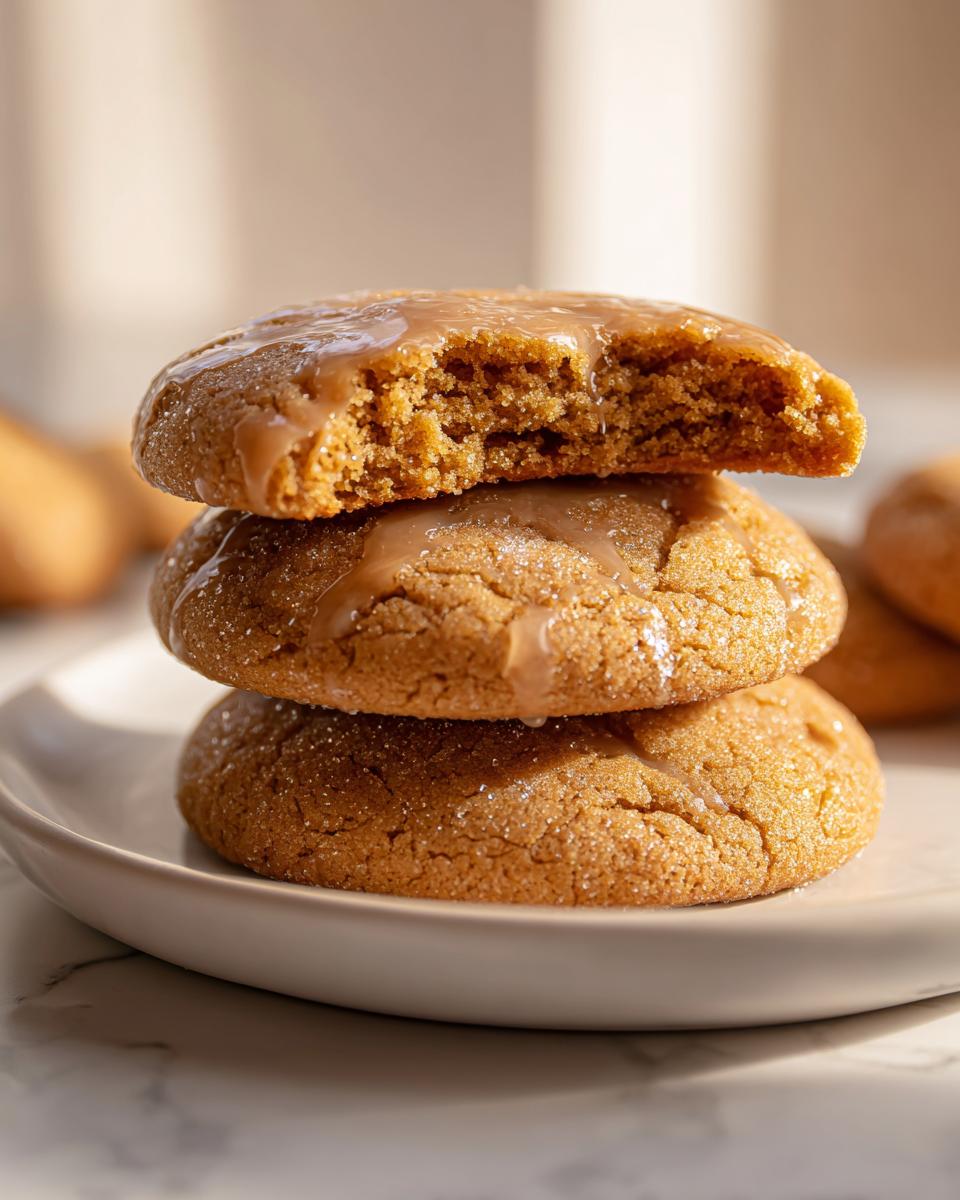 A stack of three soft maple brown sugar cookies, topped with a light glaze, one cookie broken open.