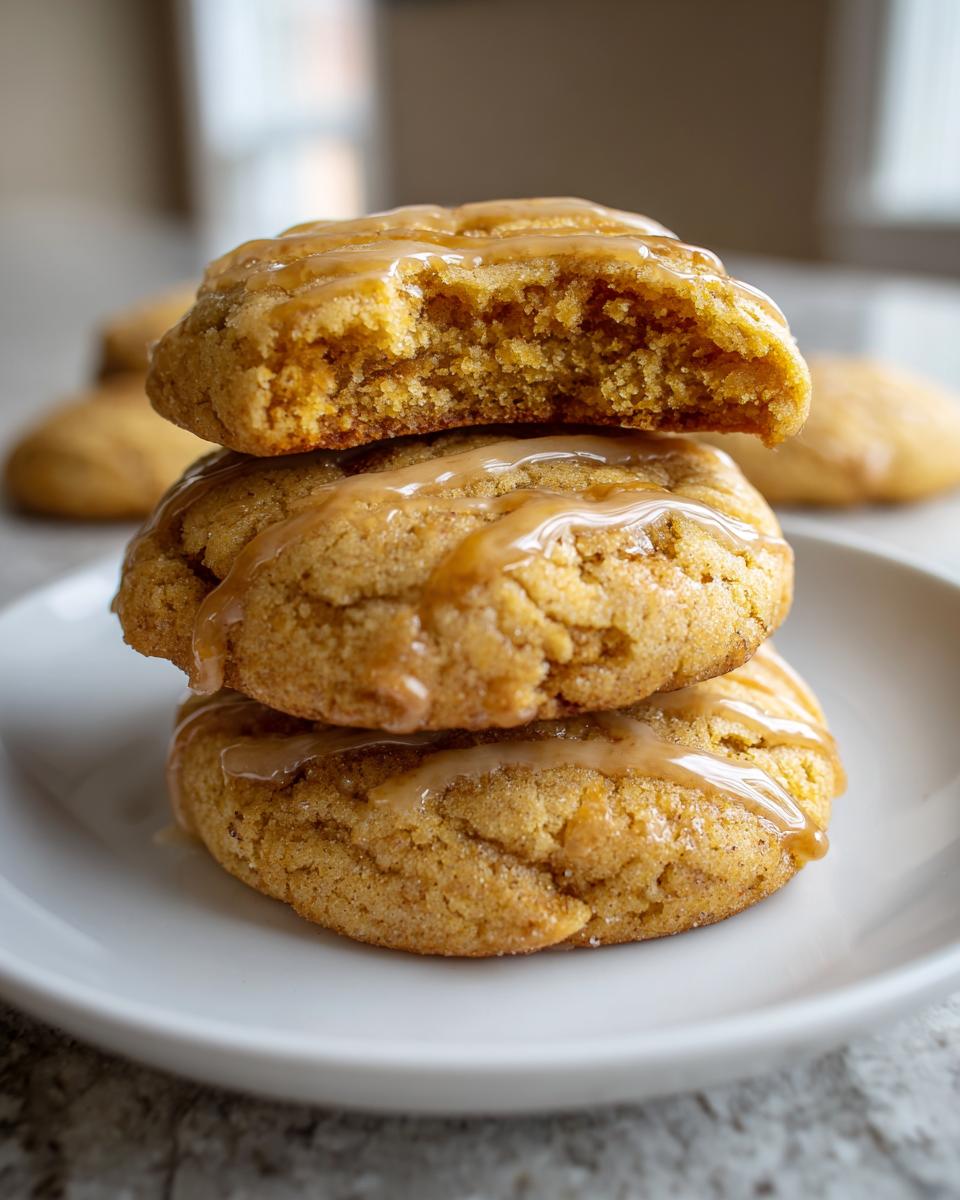 A stack of three soft maple brown sugar cookies drizzled with a light glaze, one cookie broken open showing the texture.