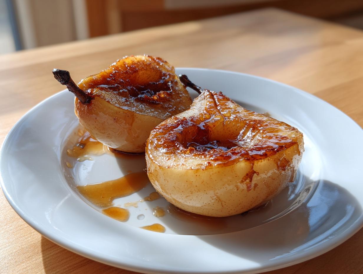 Two halves of perfectly baked pears, glistening with a rich, caramelized syrup on a white plate.