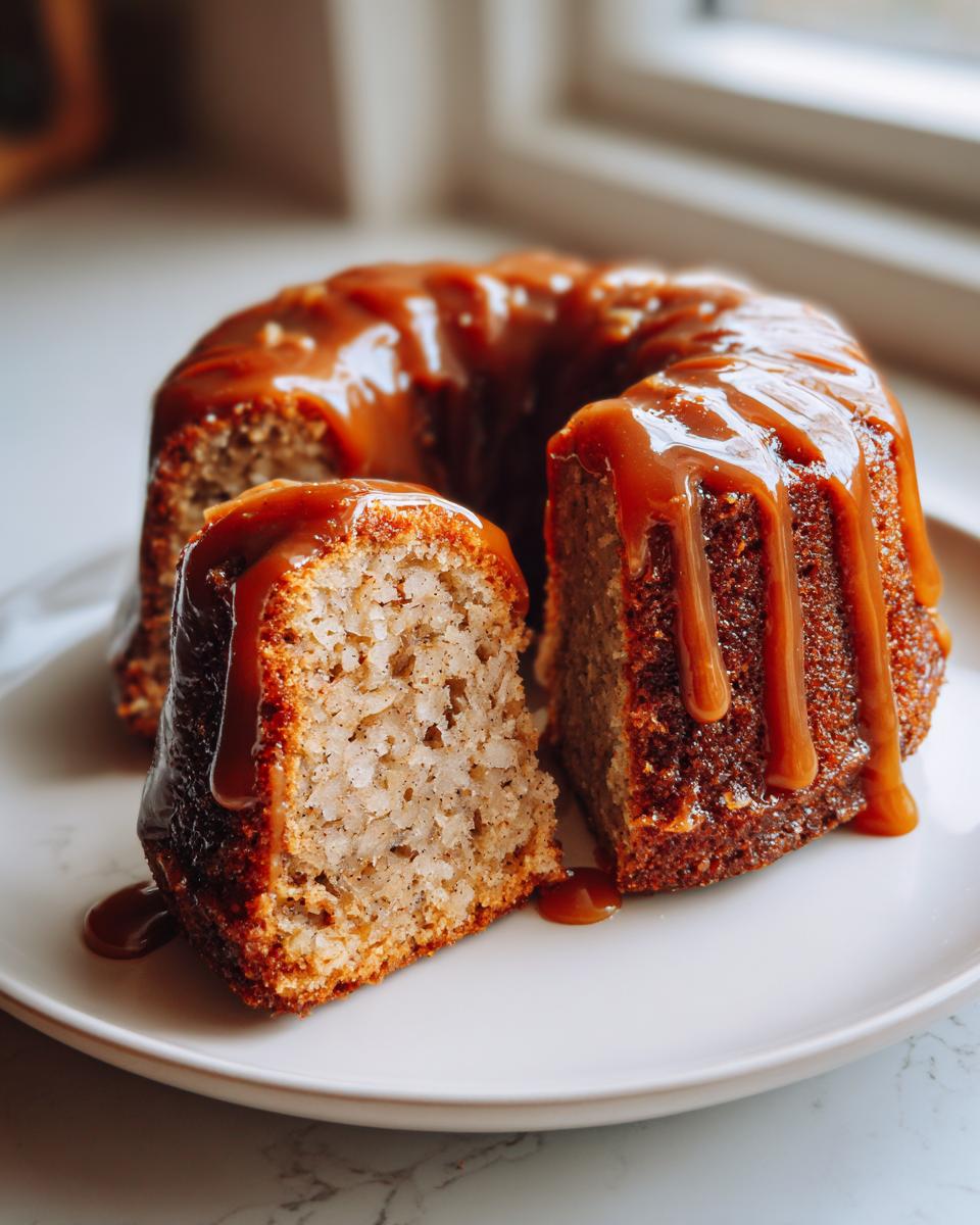 A slice cut from a bundt-style apple cake, generously topped with dripping caramel sauce.