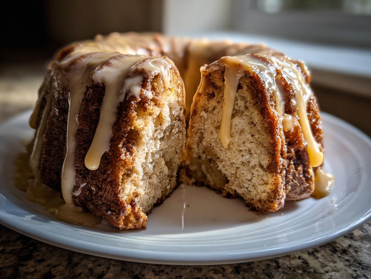 A bundt-style apple cake, cut in half to show the texture, drizzled generously with a light caramel glaze.
