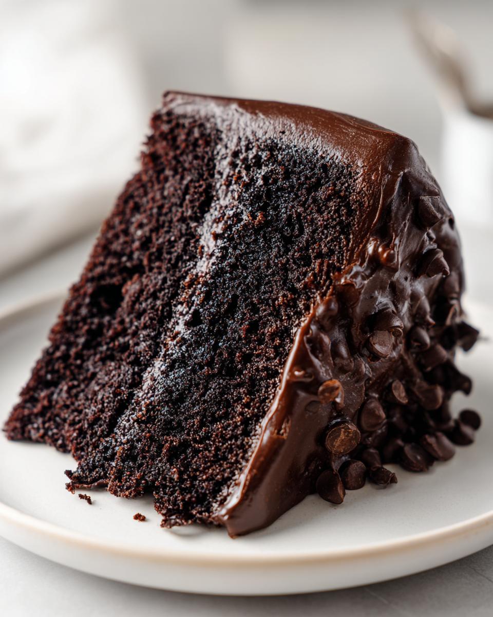 A close-up of a rich, dark slice of chocolate fudge cake topped with glossy ganache and chocolate chips.