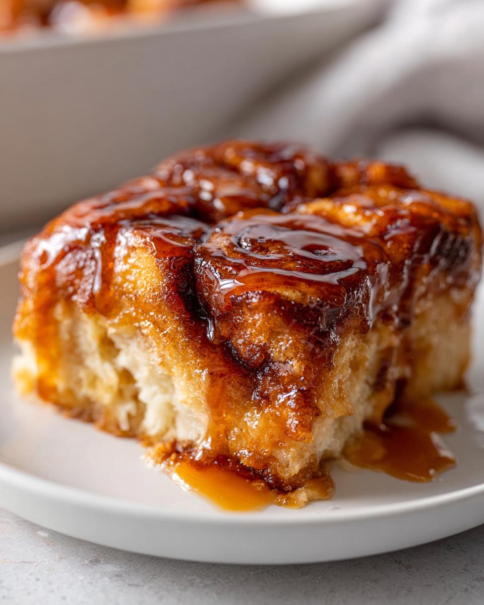 Close-up of a gooey, caramelized slice of cinnamon roll casserole on a white plate.