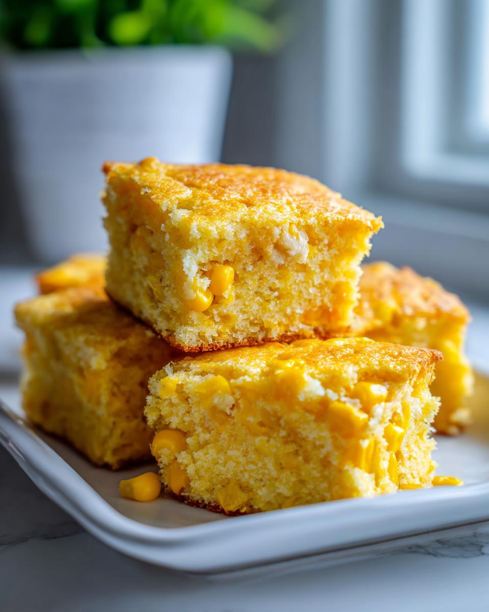 Close-up of stacked, golden squares of moist cornbread casserole studded with whole corn kernels.