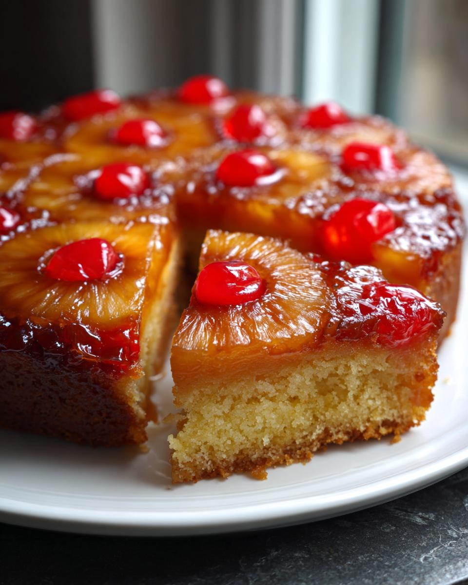 A slice of moist pineapple upside down cake topped with caramelized pineapple rings and bright red maraschino cherries.