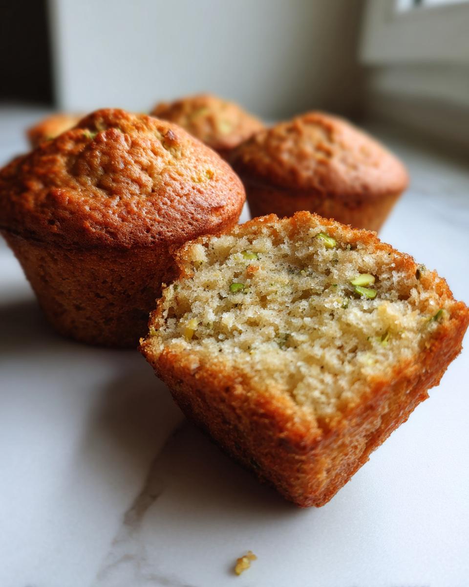 A close-up of a halved pistachio muffin showing the moist crumb and green pistachio pieces, with other pistachio muffins blurred in the background.