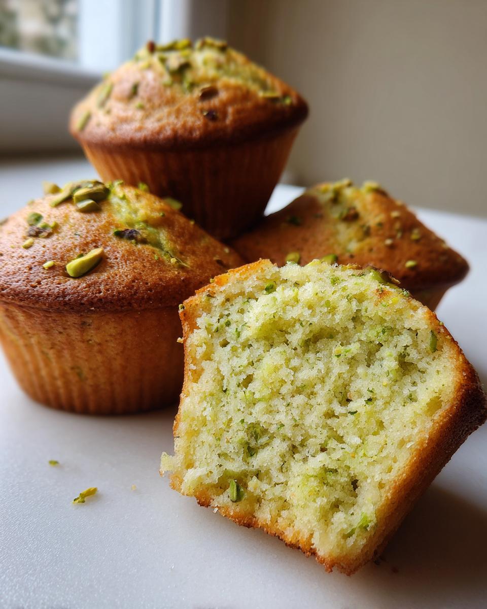 A close-up of moist pistachio muffins, one cut in half showing the green pistachio crumb texture.