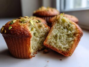 Close-up of a moist pistachio muffin cut in half, revealing the light green, crumbly interior studded with pistachio pieces.
