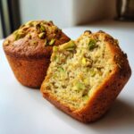 Close-up of a whole and a halved pistachio muffin showing the moist interior and green pistachio pieces.