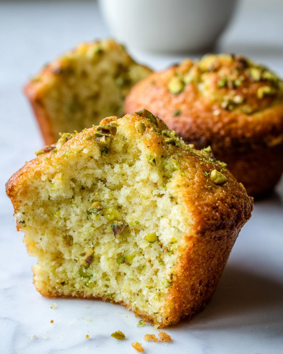 Close-up of a bitten pistachio muffin showing its moist, green-flecked crumb and chopped pistachio topping.