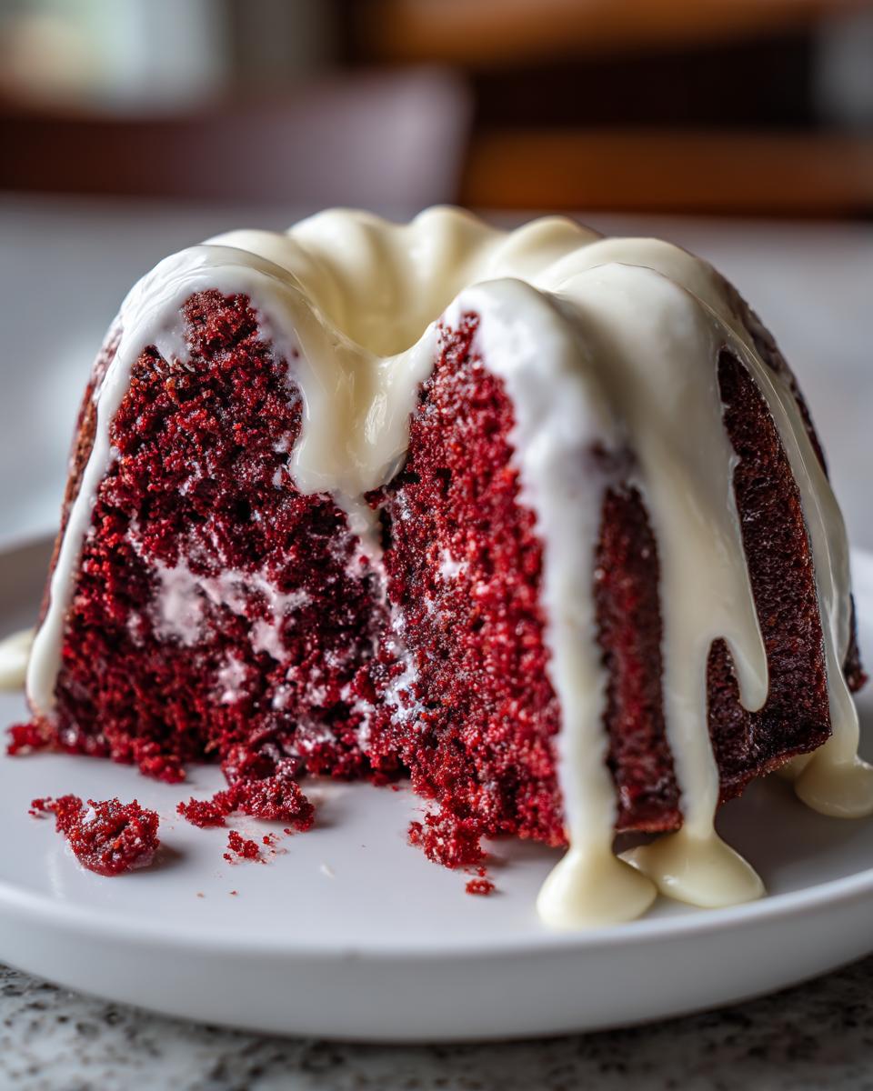 A slice cut from a vibrant red velvet bundt cake topped with thick, dripping cream cheese glaze.