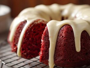 Close-up of a vibrant red velvet bundt cake drizzled generously with white cream cheese glaze, sitting on a cooling rack.
