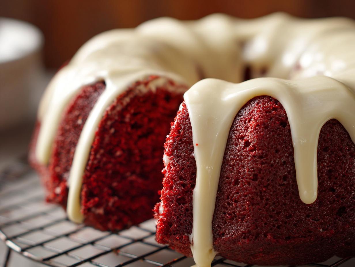 Close-up of a vibrant red velvet bundt cake drizzled generously with white cream cheese glaze, sitting on a cooling rack.