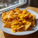 Close-up of tortilla chips generously covered in bright orange nacho cheese sauce on a white plate.