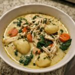 A close-up of a creamy bowl of Olive Garden Chicken Gnocchi Soup, featuring shredded chicken, carrots, spinach, and potato gnocchi.