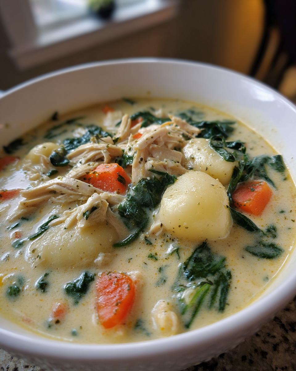A close-up view of a white bowl filled with creamy Olive Garden Chicken Gnocchi Soup, showing shredded chicken, spinach, carrots, and gnocchi.