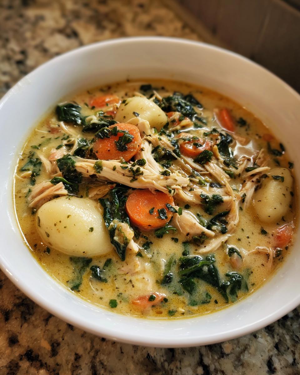 A close-up of a white bowl filled with creamy Olive Garden Chicken Gnocchi Soup, showing shredded chicken, carrots, spinach, and gnocchi.
