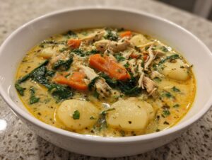 A close-up view of a white bowl filled with creamy Olive Garden Chicken Gnocchi Soup, showing shredded chicken, carrots, spinach, and gnocchi.