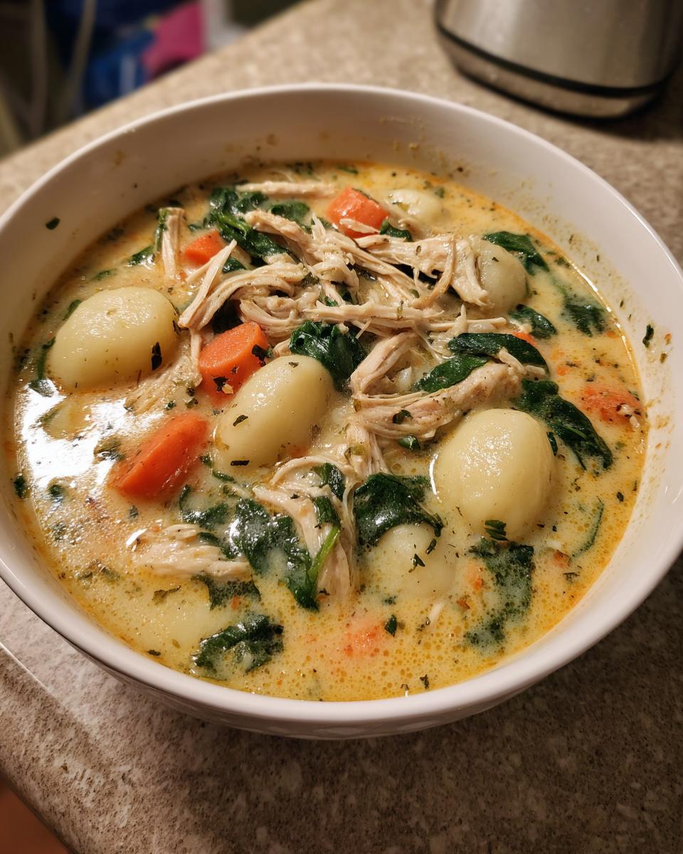 Close-up of a white bowl filled with creamy Olive Garden Chicken Gnocchi Soup, featuring shredded chicken, gnocchi, carrots, and spinach.