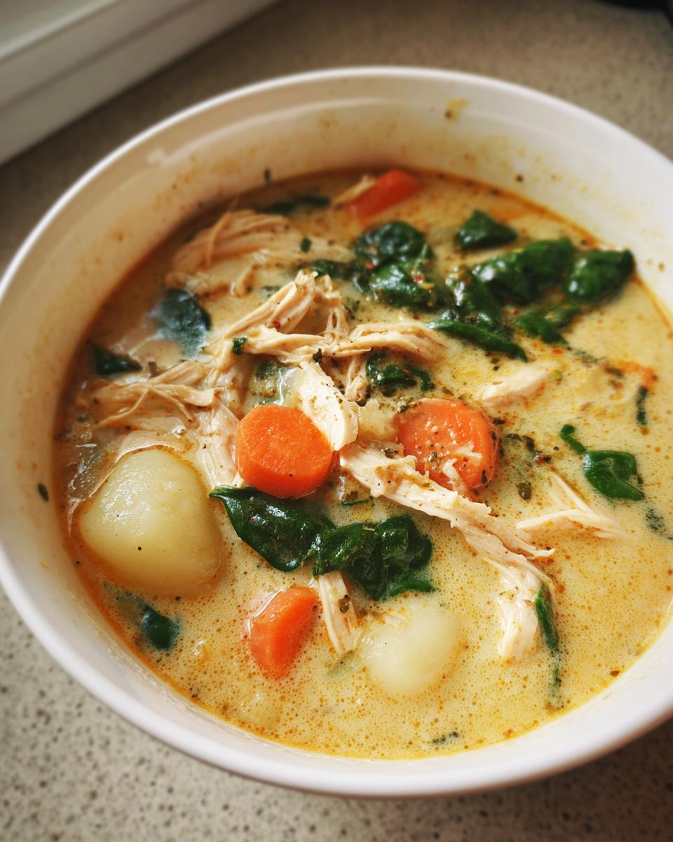 A close-up view of a white bowl filled with creamy Olive Garden Chicken Gnocchi Soup, showing shredded chicken, carrots, spinach, and gnocchi.