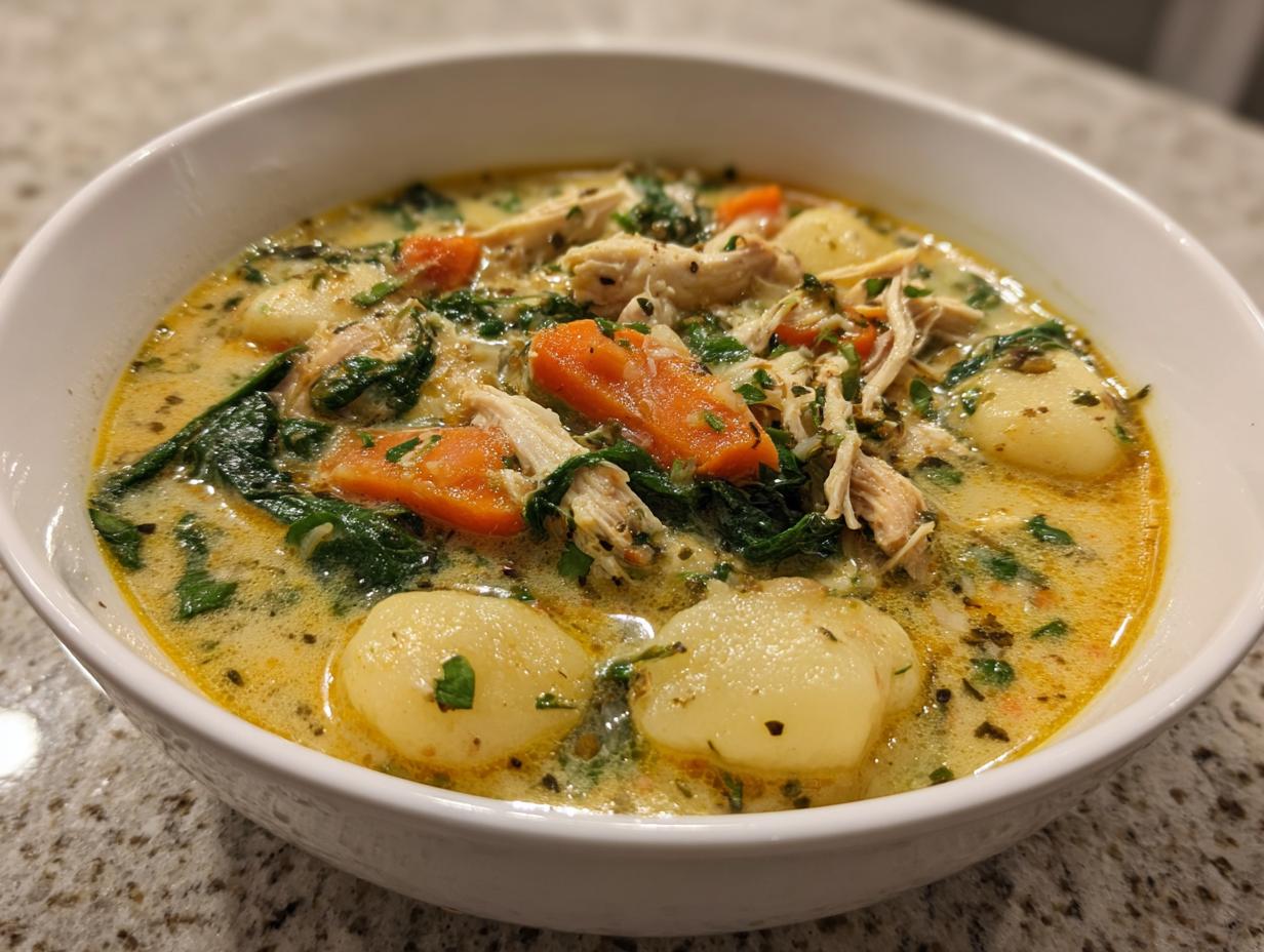 A close-up view of a white bowl filled with creamy Olive Garden Chicken Gnocchi Soup, showing shredded chicken, carrots, spinach, and gnocchi.