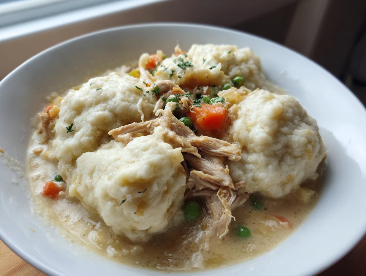 A close-up of a white bowl filled with creamy chicken and dumplings, featuring shredded chicken, carrots, and peas.