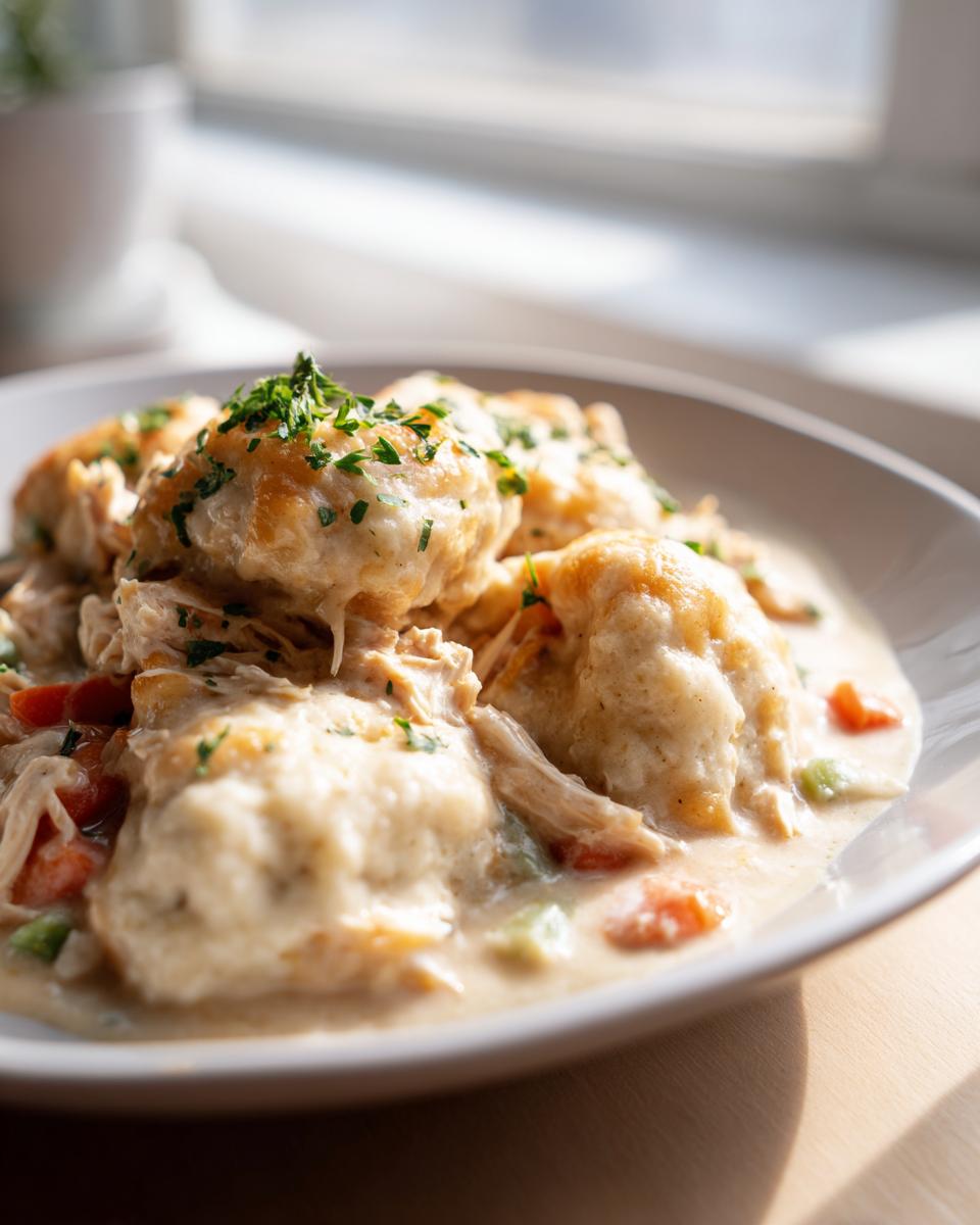 Close-up of fluffy dumplings served over shredded chicken and vegetables in a creamy sauce for chicken and dumplings.