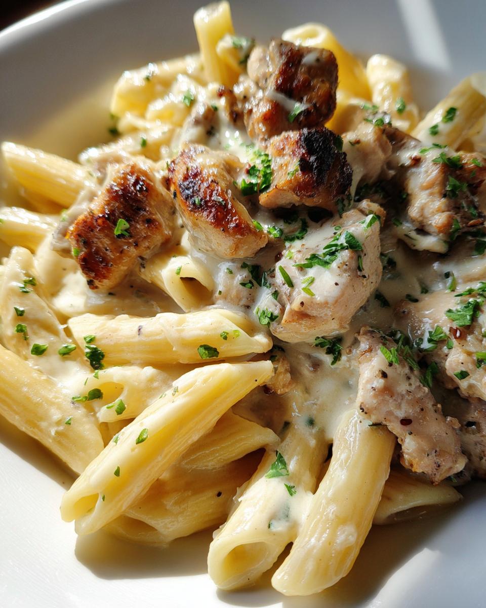 Close-up of penne pasta coated in a creamy sauce with chunks of seared chicken, finished with parsley, showcasing the garlic parmesan flavor.