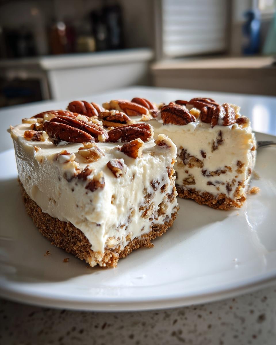 Close-up of a creamy slice of Pecan cream pie showing a graham cracker crust and pecan pieces throughout the filling.