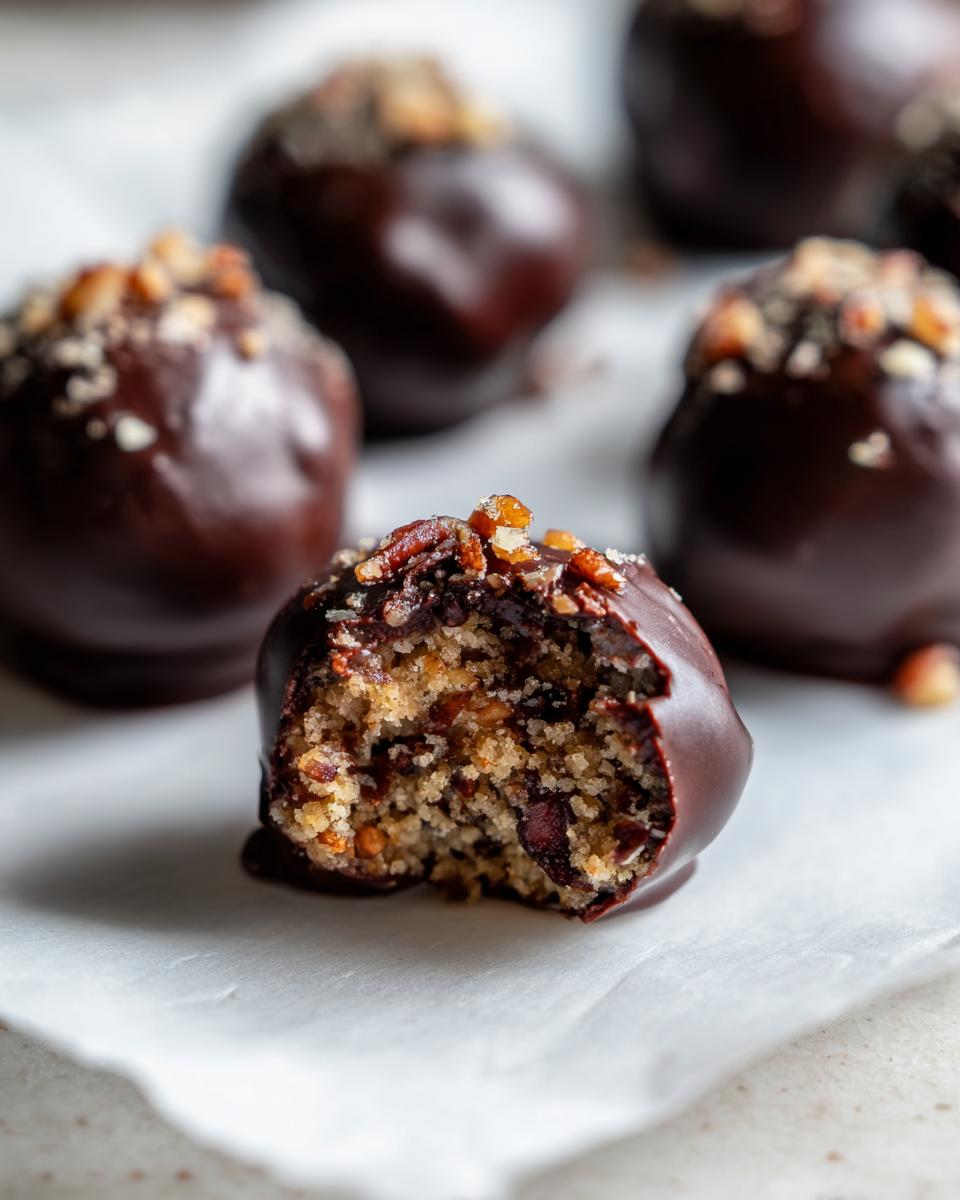 A pecan pie balls truffle is bitten into, revealing the textured filling, dipped in dark chocolate and topped with chopped pecans.