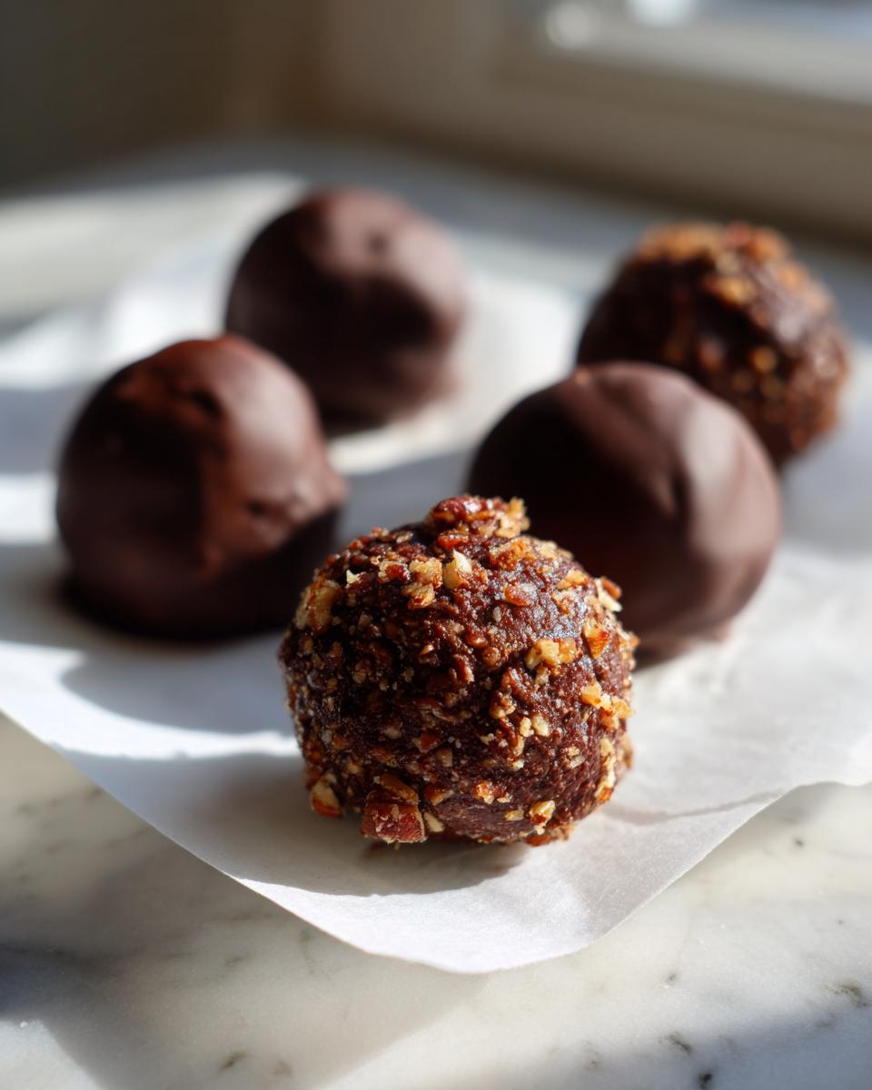 A close-up of one pecan pie balls coated in chopped pecans, with other chocolate-dipped balls blurred in the background.