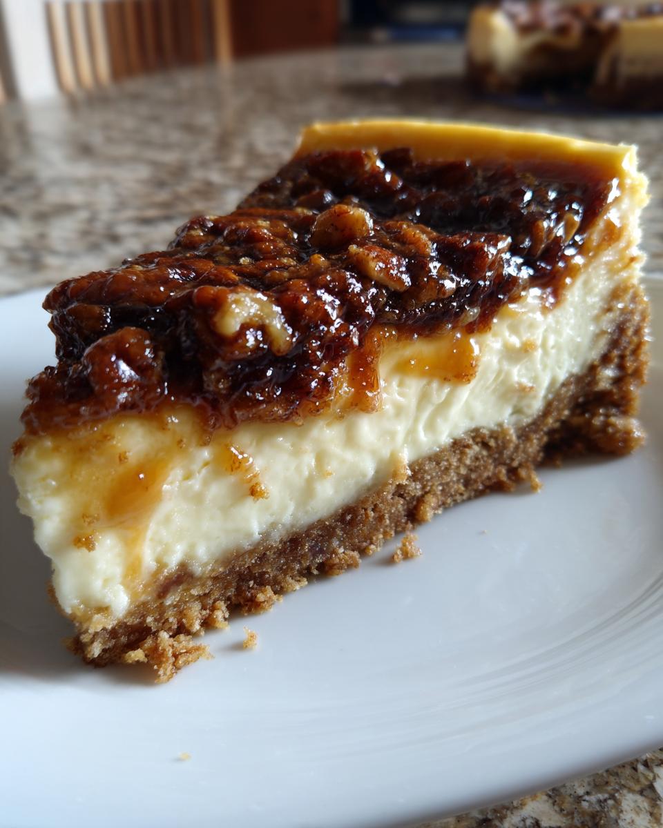 Close-up of a rich slice of pecan pie cheesecake showing a graham cracker crust, creamy filling, and sticky pecan topping.