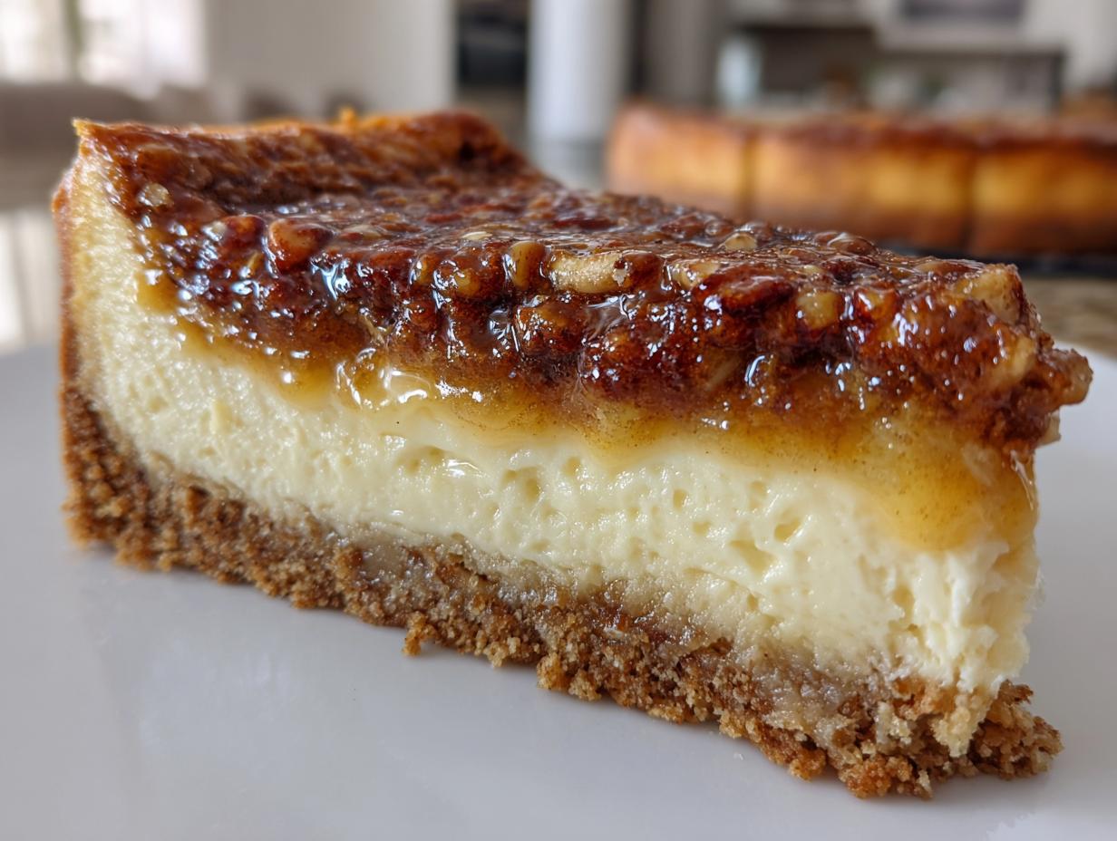 Close-up of a thick slice of pecan pie cheesecake showing the graham cracker crust, creamy filling, and glossy pecan topping.
