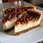Three slices of rich pecan pie cheesecake featuring a creamy white filling and a sticky, dark pecan topping.