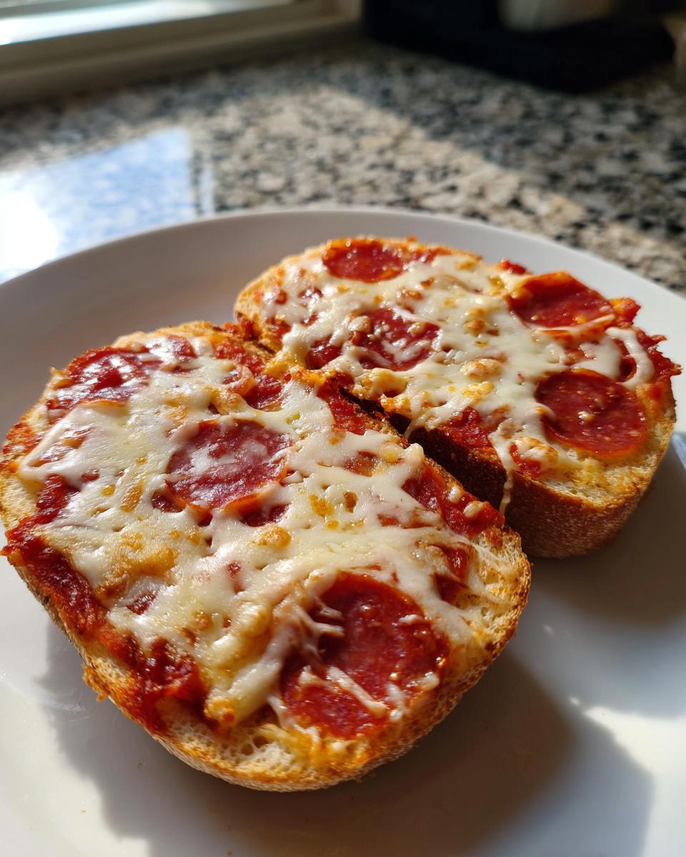 Two halves of a quick english muffin pizza topped with melted cheese and pepperoni slices on a white plate.