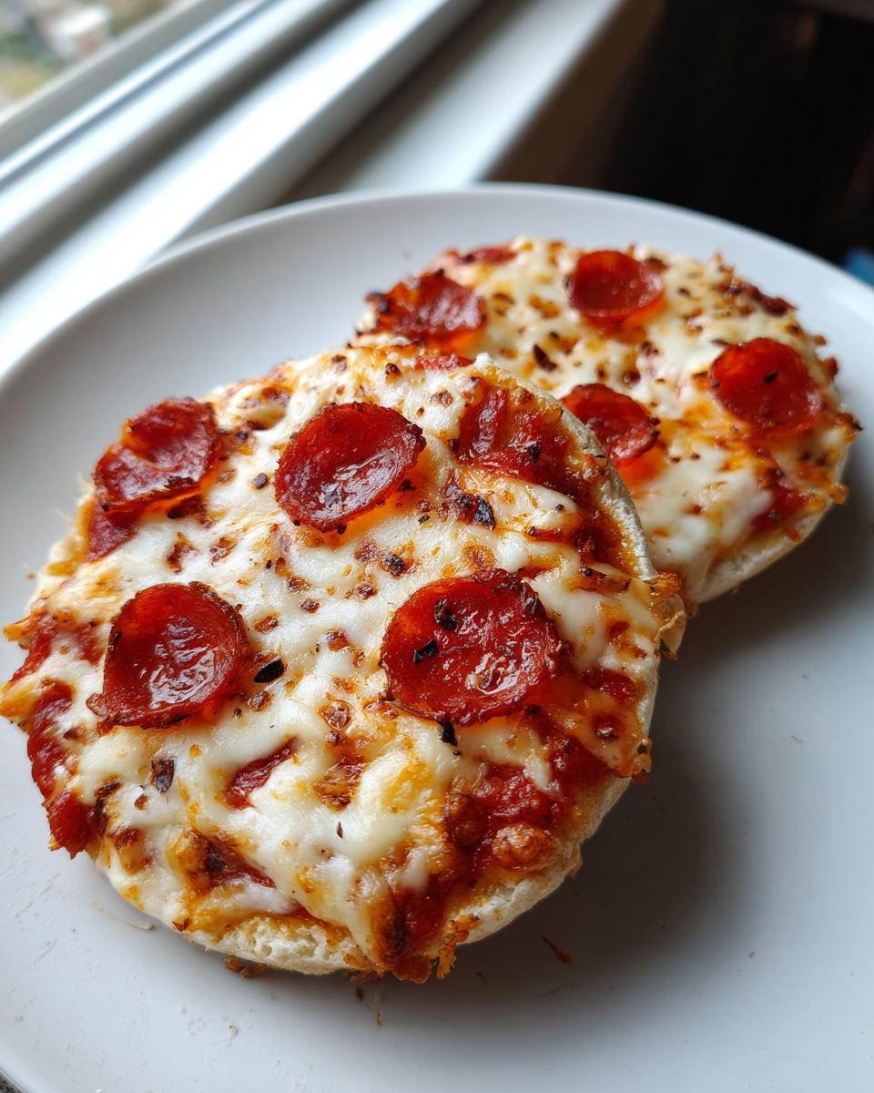 Close-up of two freshly baked pepperoni english muffin pizza halves topped with melted cheese and spices on a white plate.