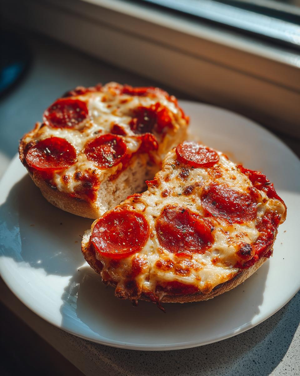 Two halves of a melted cheese and pepperoni english muffin pizza served on a white plate.