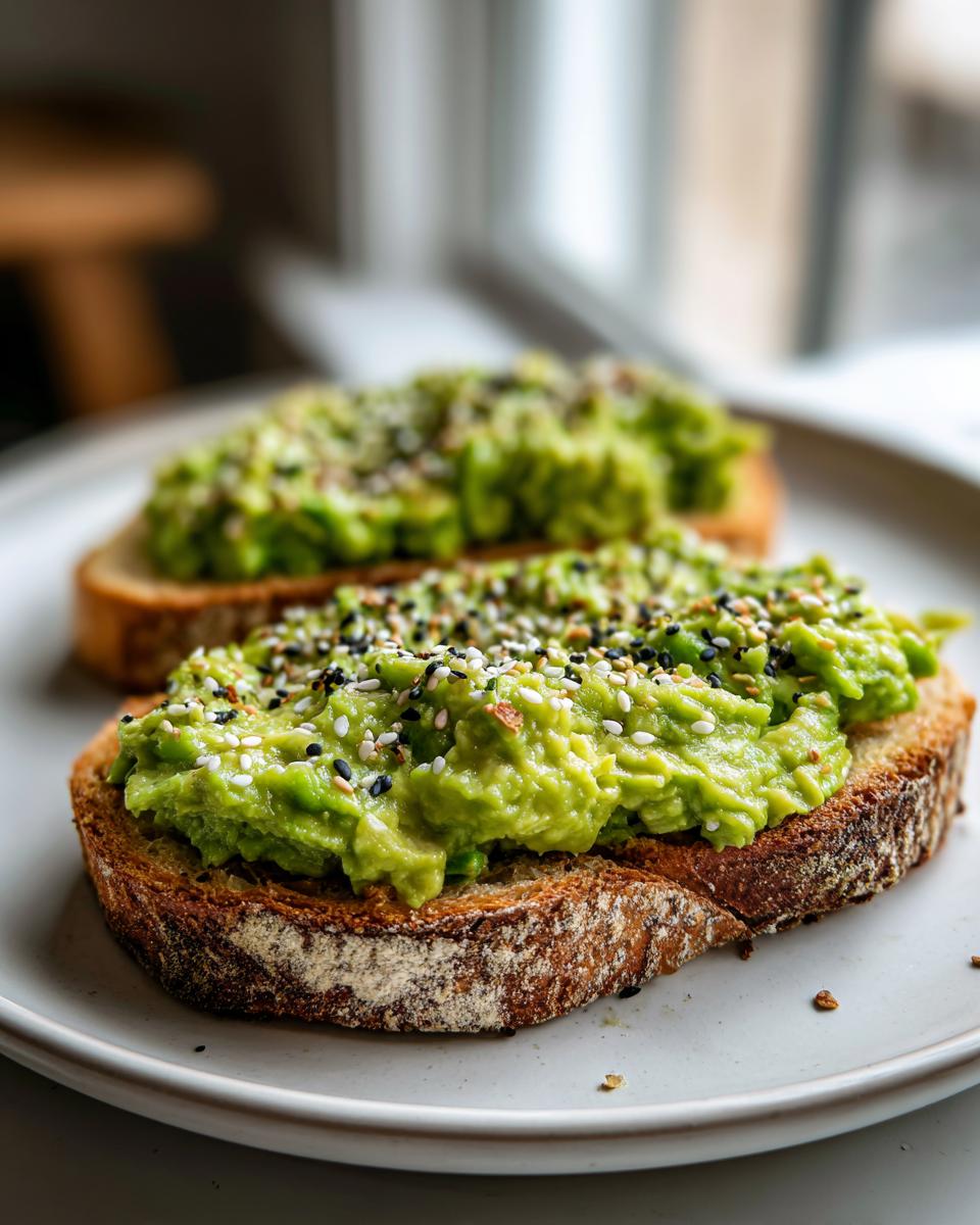 Close-up of two slices of avocado toast topped with mashed avocado and everything bagel seasoning.