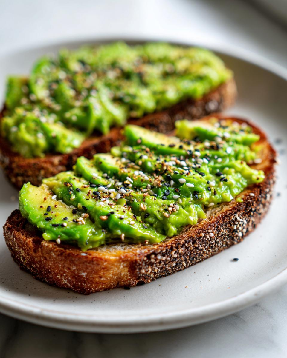 Two slices of perfectly prepared avocado toast topped with everything bagel seasoning on a light plate.