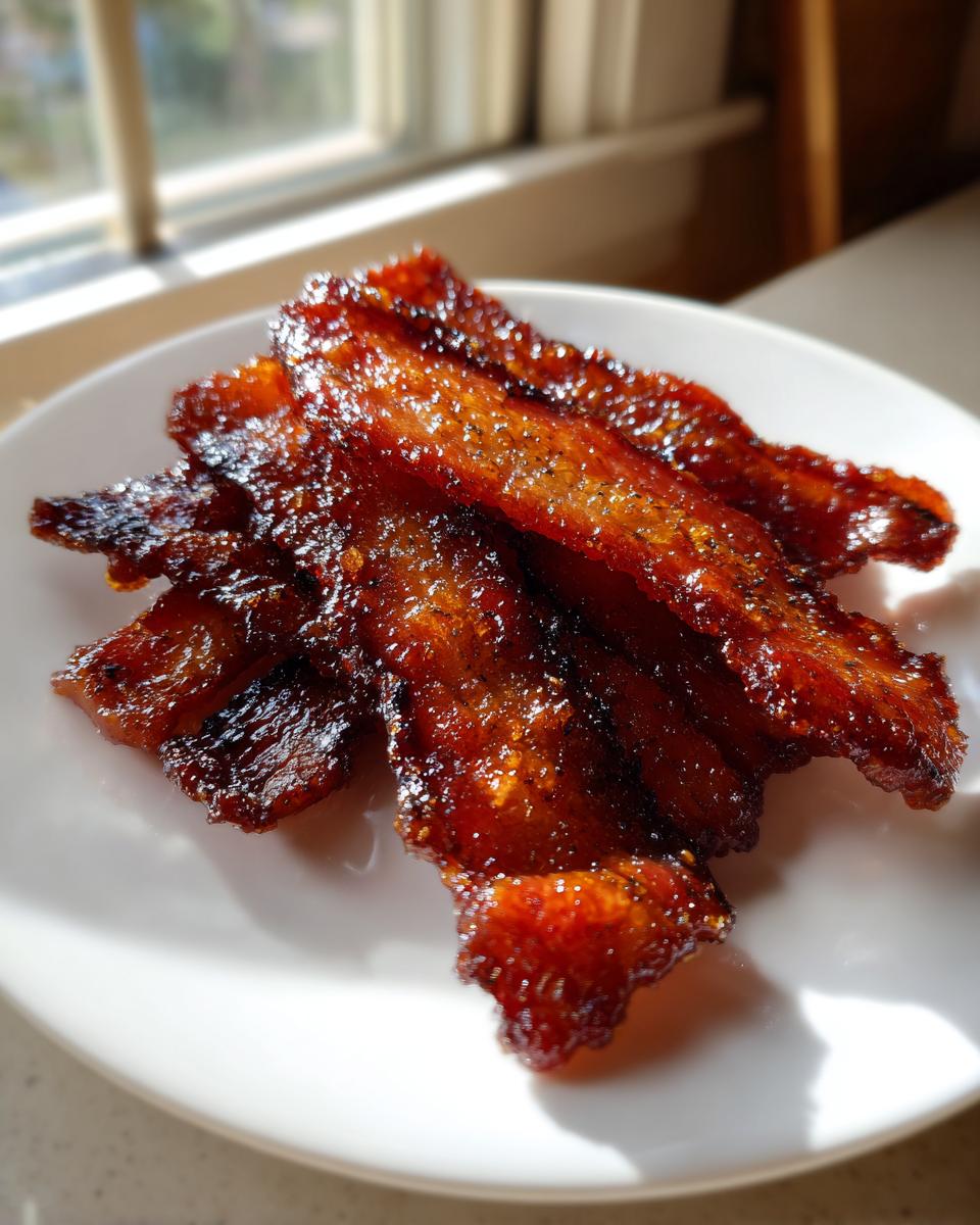 Close-up of several glossy, caramelized strips of Millionaire bacon stacked on a white plate near a window.