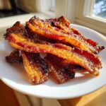 Close-up of crispy, caramelized Millionaire bacon slices piled on a white plate, glistening in natural light.