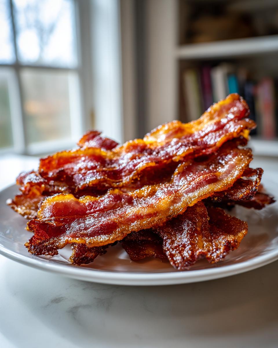 A close-up of crispy, glazed Millionaire bacon stacked high on a white plate, ready to eat.