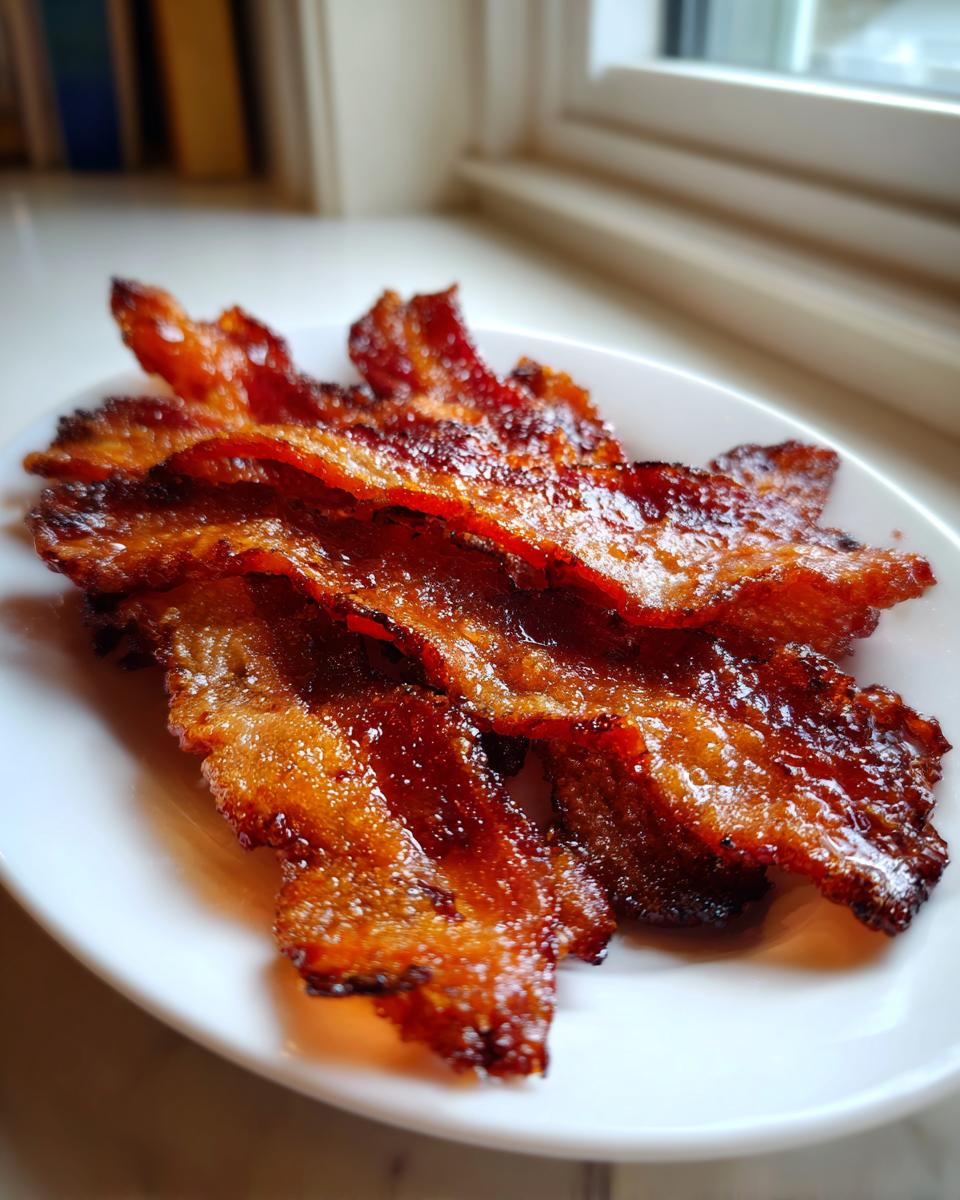 Close-up of several crispy, caramelized strips of Millionaire bacon piled on a small white plate.