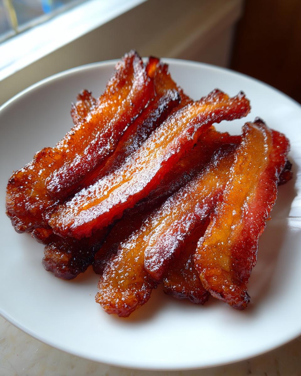 Close-up of several strips of shiny, caramelized Millionaire bacon stacked on a white plate.