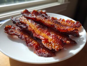 Close-up of crispy, glazed Millionaire bacon strips stacked on a white plate, catching sunlight.