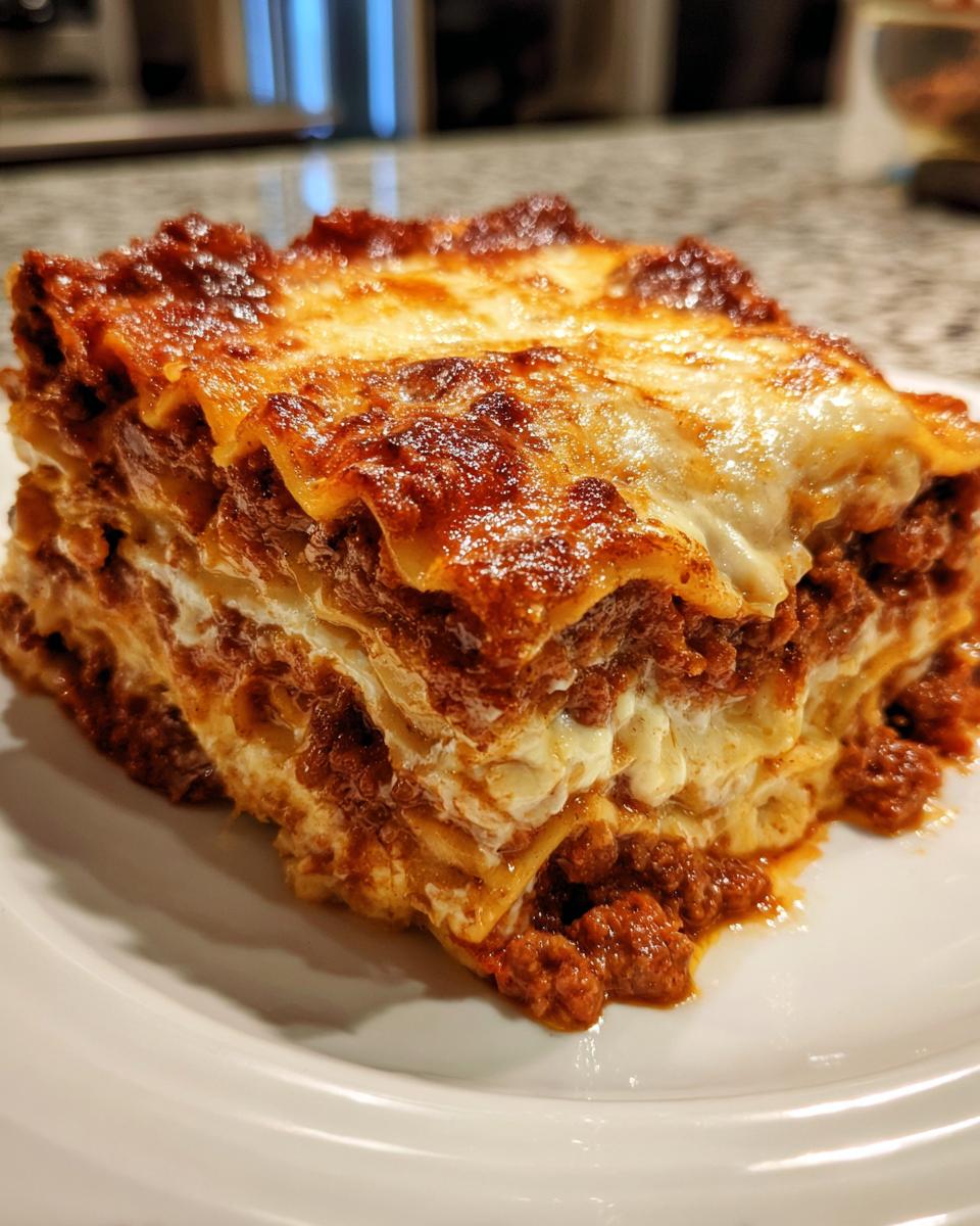 A thick, cheesy slice of homemade lasagna with browned top and rich meat sauce layers.